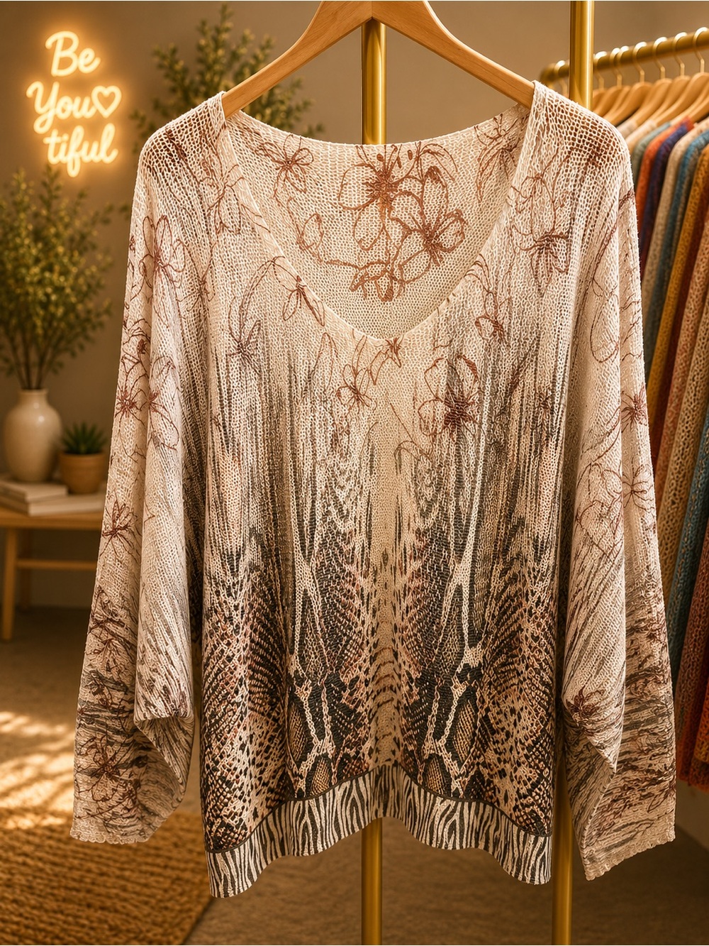 S08. From Italy 🇮🇹 Boho Floral & Animal Print Knit Top